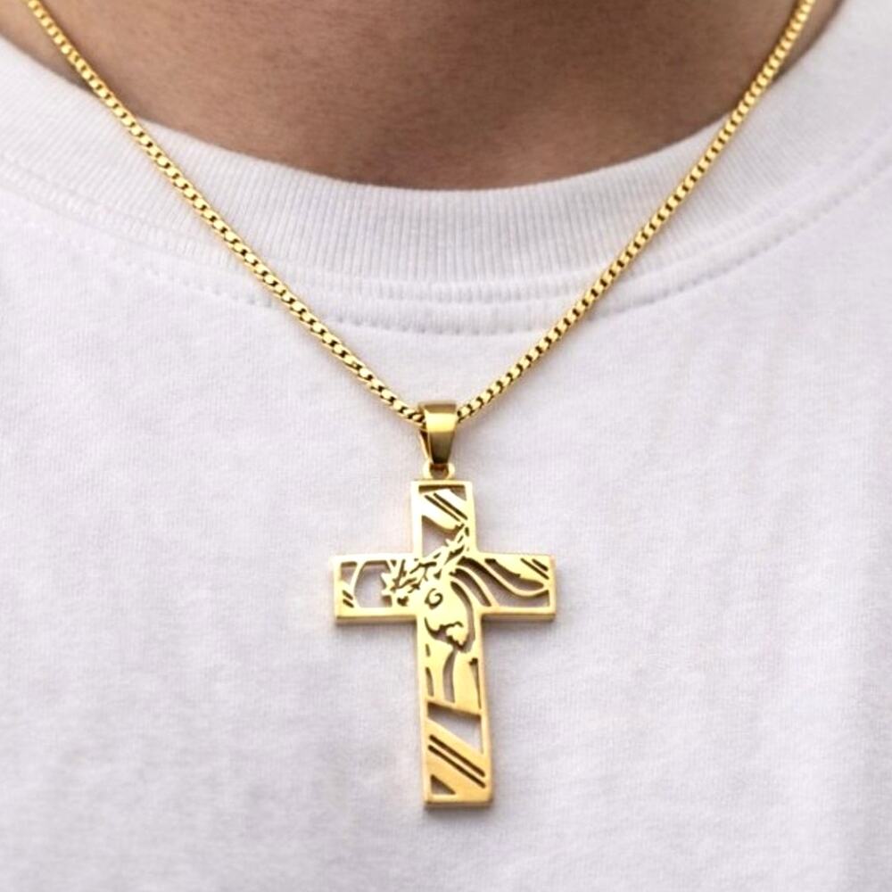 Gold Tone Crown of Thorns Cross Necklace 18k Plated 22” 1mm Box Chain